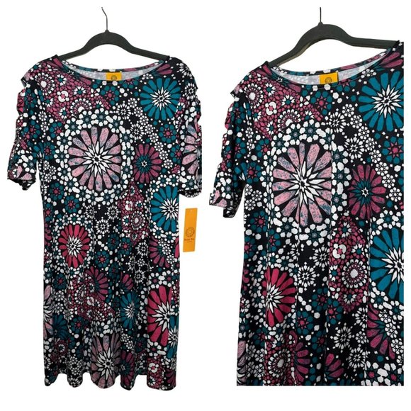NWT Ruby Rd. Ladies Cut Out Sleeve Floral Pattern Scoop Neck Dress SZ Small - Picture 1 of 9